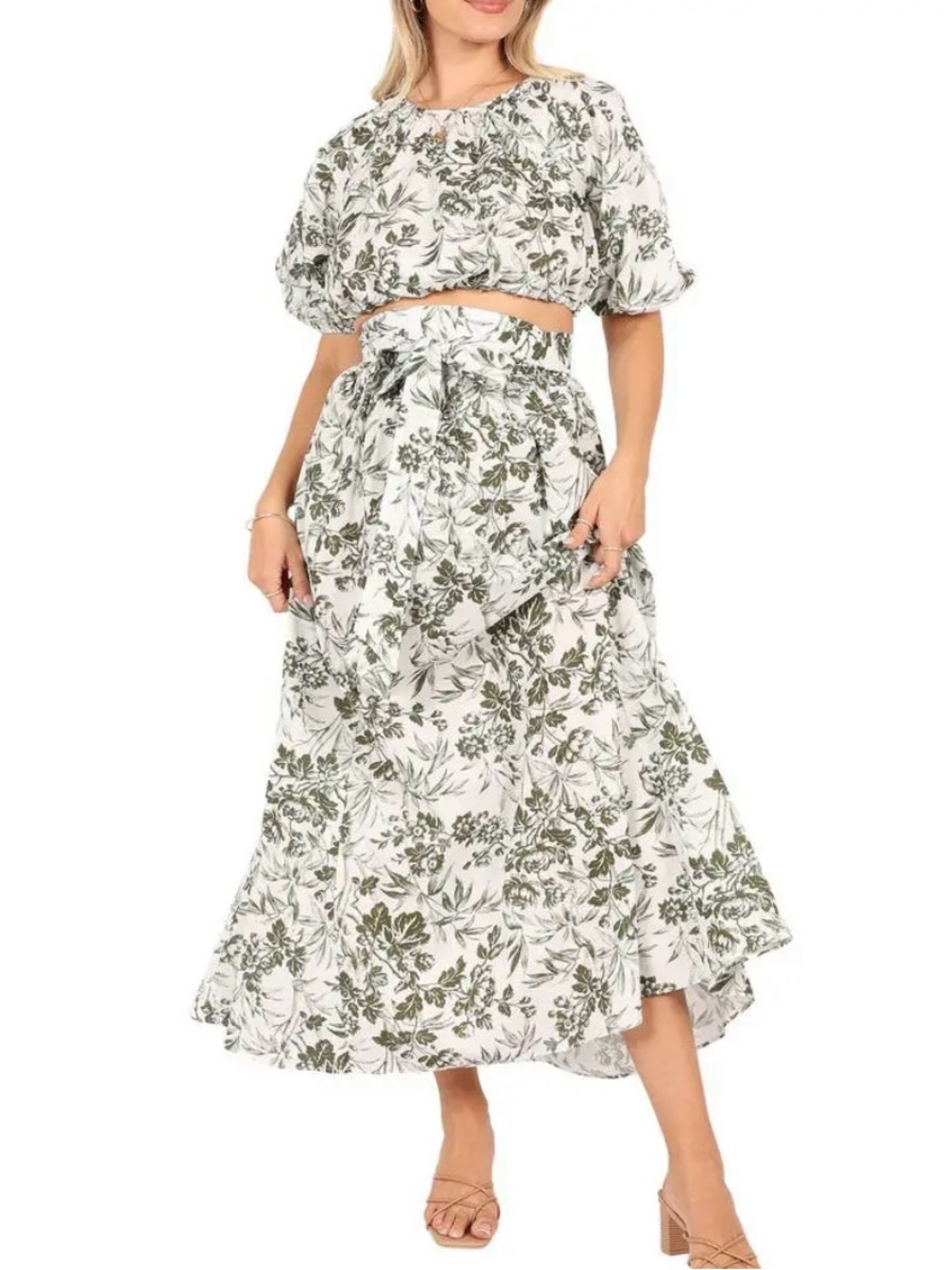 Floral Tie-Waist Maxi Skirt and Top- White & Olive - Picture 2 of 10